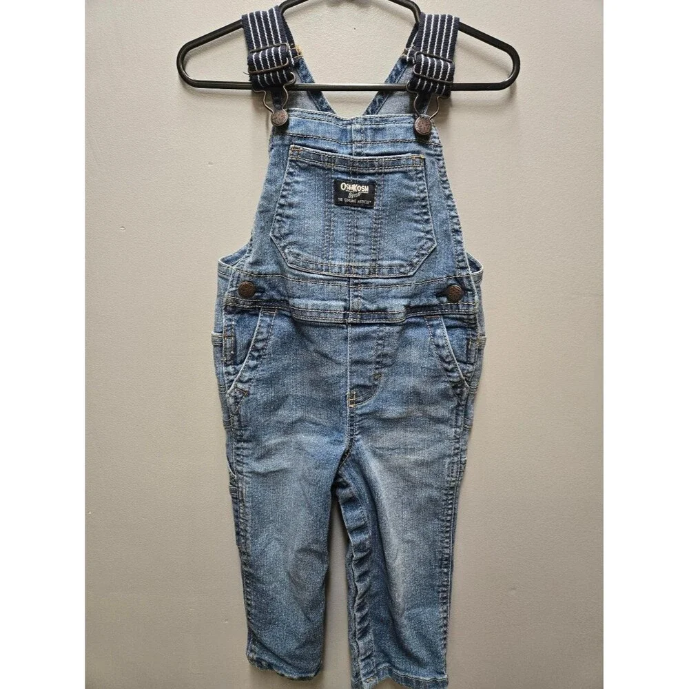 Oshkosh Overall Pants Striped Adjustable Straps Denim Jean Blue Toddler Boys 18m